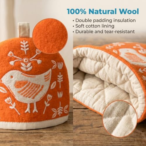 Scandi Birds Wool Teapot Cozy Cover for Large Kettles & French Press - Handmade Wool Gift