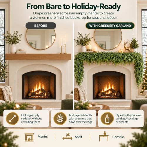 EMPJJLZ 9FT Artificial Cedar Garland Green Faux Holiday Decor for Indoor Outdoor Fireplace Mantel