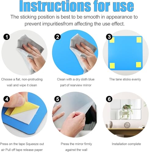 6 Pack Acrylic Mirror Tiles, 8x8 Inch Self-Adhesive Flexible Wall Mirrors