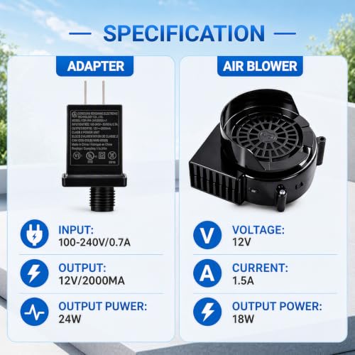 Suonncudst Black 12V 1.5A Inflatable Fan & 2.0A Power Adapter with 9 LED Lights