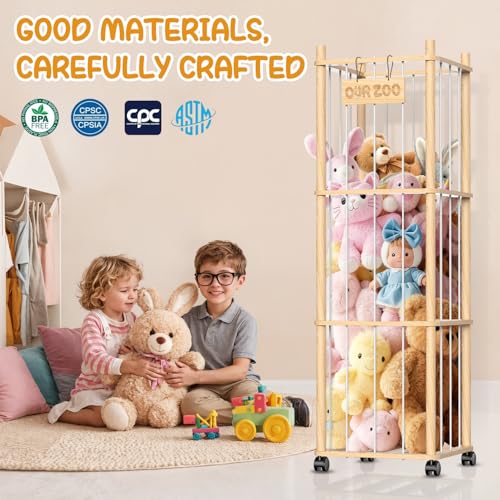 3-Tier Wooden Stuffed Animal Storage Organizer with Wheels, Mobile Toy Zoo