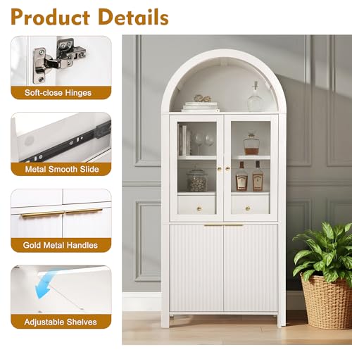 71-Inch Tall Arched Kitchen Pantry Cabinet with Glass Doors and Storage