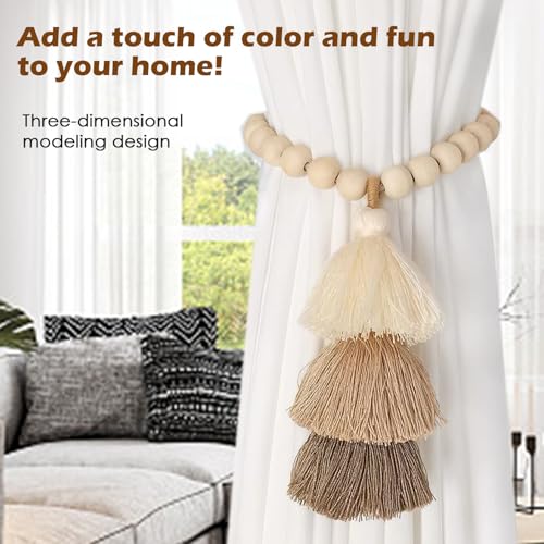 Handmade Boho Magnetic Curtain Tiebacks with Wood Beads, 2 Pack
