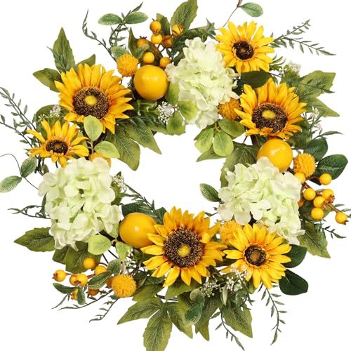 22-Inch Sunflower and Hydrangea Wreath with Lemons for Front Door