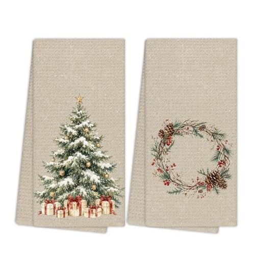 EGBTL Christmas Tree2 Wreath Kitchen Towels 16x24in Set of 2 - Rustic Snowy Holiday Dish Towels