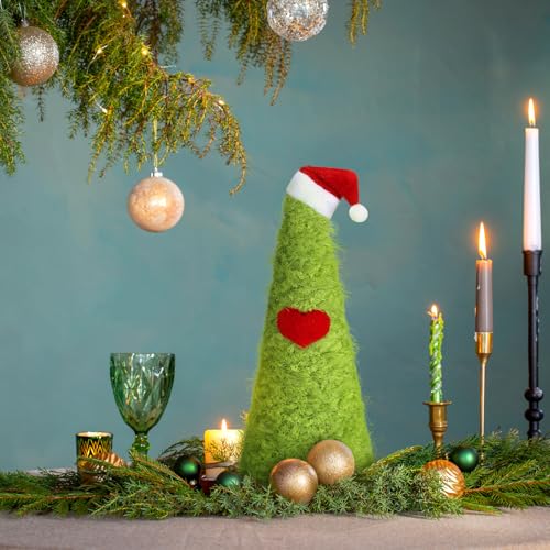 Mini Furry Lime Green Christmas Tree with Santa Hat, 9.84" Tabletop Decor