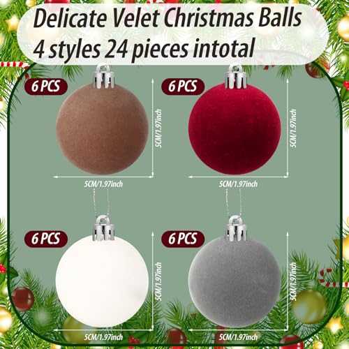 Menkxi 24 Pcs Velvet Christmas Ornaments Set - Flocking Ball, Colorful, 1.97''