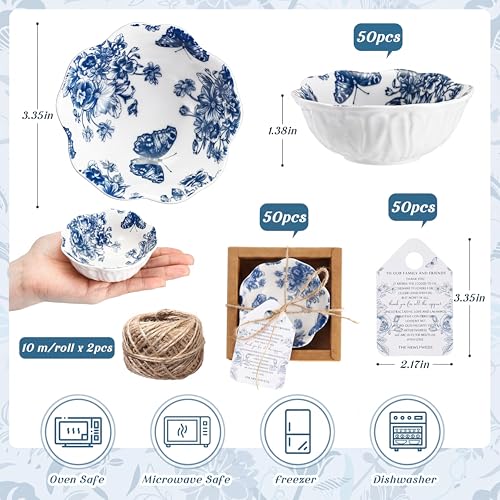 Teenyyou 50 Pack Blue Floral Ceramic Bowls - Wedding Favors & Holiday Gift Set