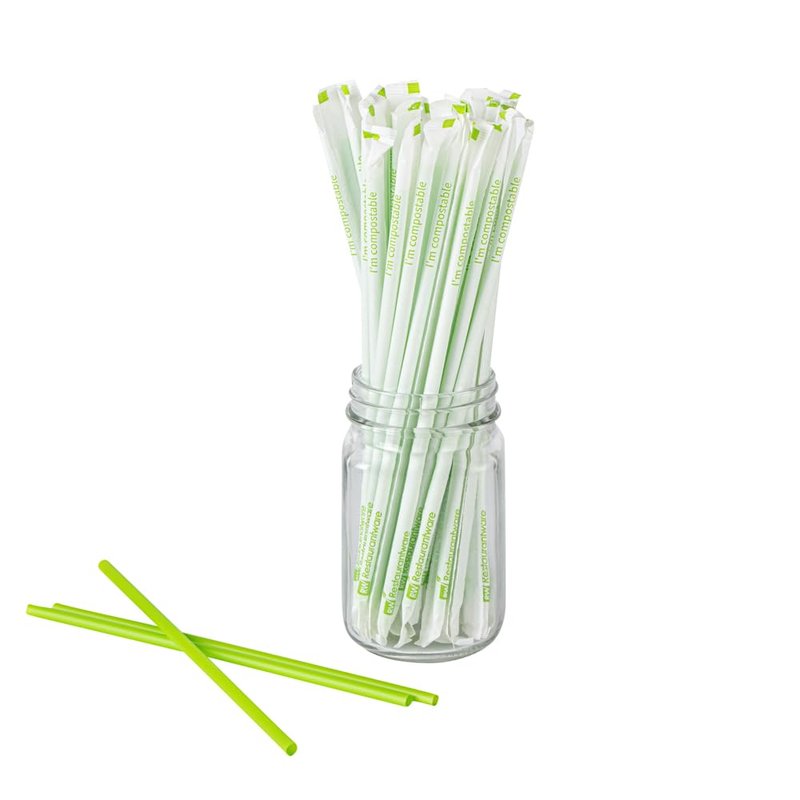 Restaurantware-Basic Nature 8.3 Inch Disposable Straws, 2000 Sustainable Straws - Wrapped, Won't Alter Flavors, Green PLA/PBAT Straw, For Hot And Cold Drinks