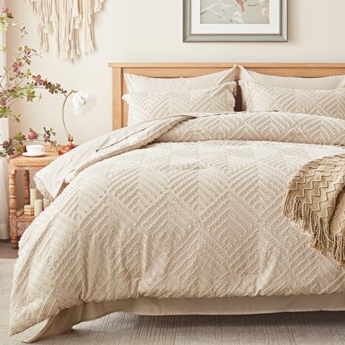 Boho Tufted Queen Comforter Set - 7-Piece Beige All-Season Bed in a Bag