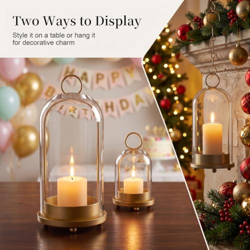 Gold Hurricane Candle Holders Set of 2 with Glass Dome, 4" & 5" Wide – Fohil Metal & Glass Centerpiece