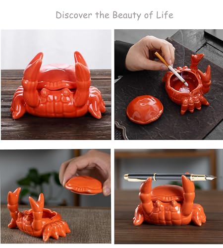 Ceramic Crab Ashtray with Lid - Windproof Desktop Decor & Pen Holder