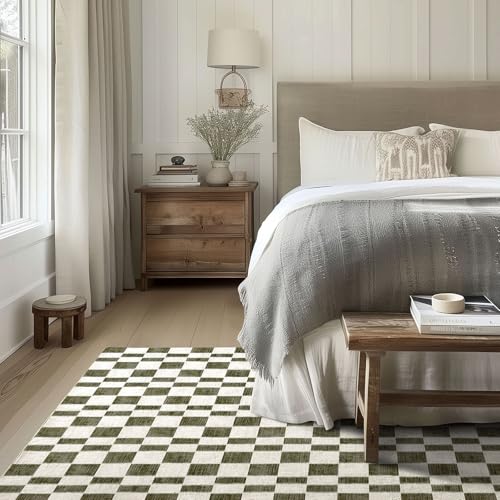 EverGrace 5' x 7' Olive Green Checkered Area Rug - Soft Faux Wool, Washable