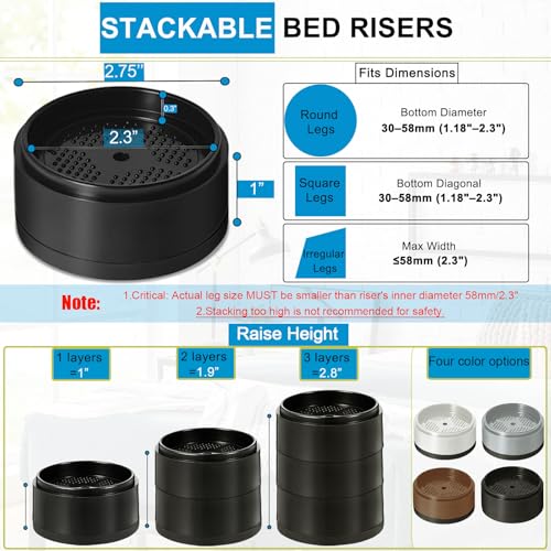 Heavy Duty Stackable Bed Risers - Adjustable Furniture Lifters, 4 Pack