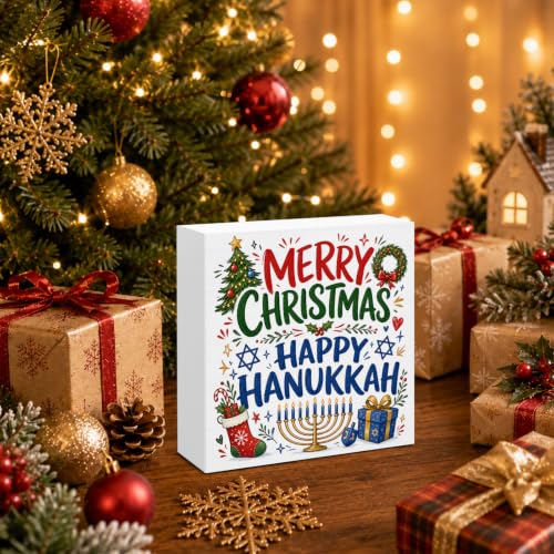 Happy Hanukkah & Christmas Holiday Decorations Wooden Sign - Festive Seasonal Decor