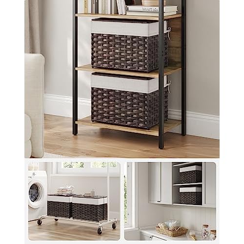 SONGMICS Storage Basket with Lid, 9.2 Gallon (35L) Storage Bin, Woven Blanket Storage Basket with Handles, Foldable, Removable Liner, Metal Frame, for Bedroom, Laundry Room, Brown URST040K01