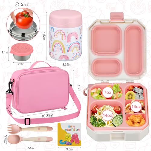 Kids Bento Lunch Box Set with Insulated Bag & 12oz Hot Food Thermos Jar
