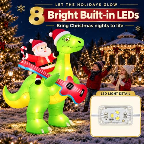 Moerge 5.7ft Santa Riding Dinosaur Inflatable with 8 LED Lights - Outdoor Christmas Decor