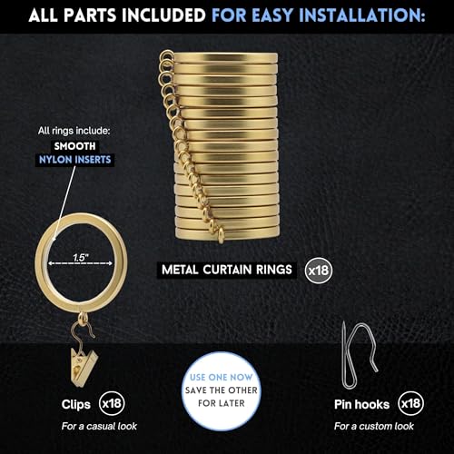 Brushed Gold Curtain Rings with Nylon Inserts - 1.5 Inch, 18-Pack