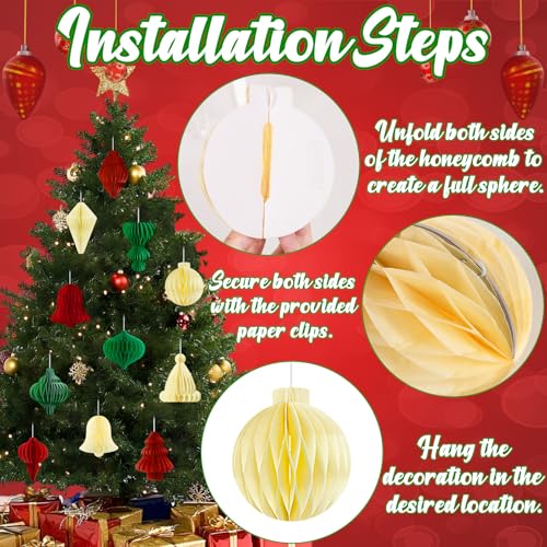 Renbuzhu Classic 30pcs Christmas Honeycomb Ornaments Set - Red Green Cream, 3.9in Hanging Decor