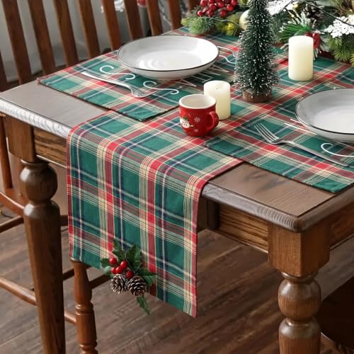 Niviy Green Red Plaid Christmas Table Runner 12 x 36 Inches Holiday Decor