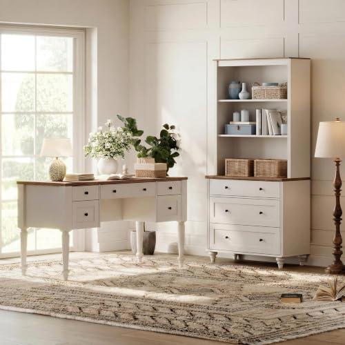Farmhouse Executive Desk and 72-Inch Tall Bookcase Set with Charging Station