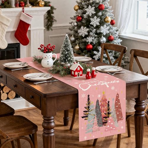OTOSTAR Merry Christmas Table Runner 13x72 Inch - Pink Tree Snowflake Farmhouse Kitchen Decor