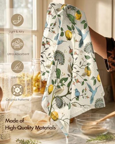 100% Cotton Flour Sack Kitchen Towels, Lemon Birds Print, 18"x26", Set of 2