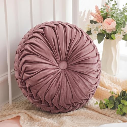 Round Velvet Pleated Throw Pillow - 15-inch Pumpkin Accent Cushion