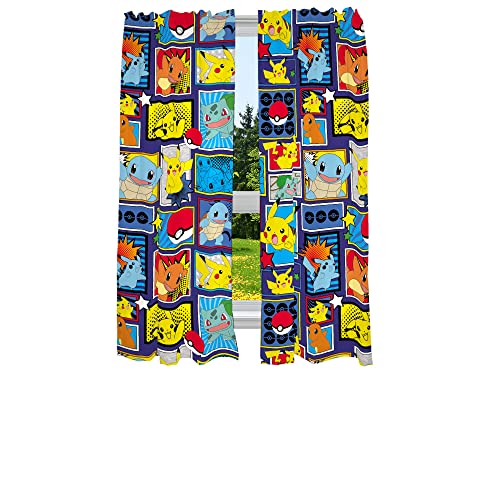 Kids Window Curtains Set - Pikachu, Charmander, and Squirtle Print, 82x63 In