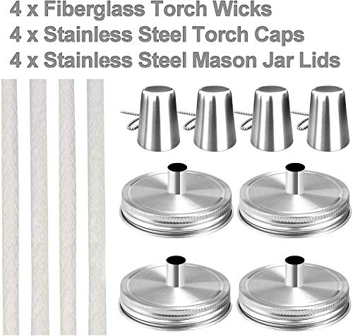Mason Jar Tabletop Torch Kit - 4 Pack with Stainless Steel Lids