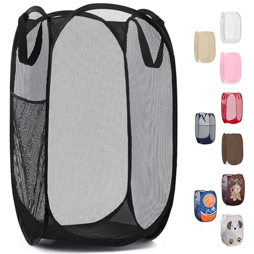 Handy Laundry Collapsible Mesh Pop-Up Hamper with Side Pocket - Black