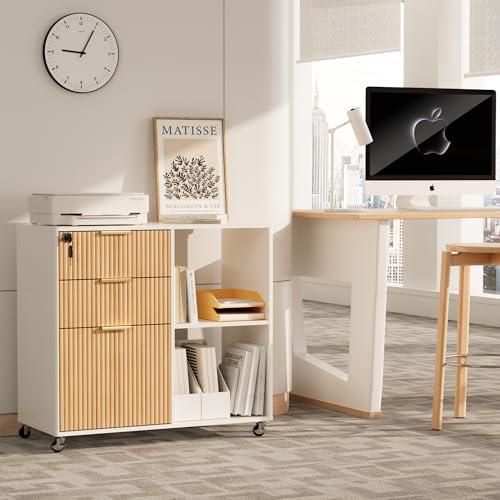 3-Drawer Fluted Mobile Filing Cabinet with Lock, Rolling Under-Desk Organizer