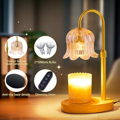 Dimmable Electric Candle Warmer Lamp with Timer - Amber Glass Flower Shade