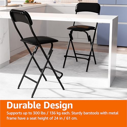 24-Inch Folding Bar Stools with Padded Seat, Black, Set of 2