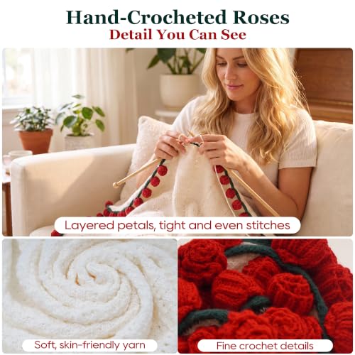 Red 43 Inch Crochet Flower Bouquet Blanket Throw - Knit 3D Rose Decor