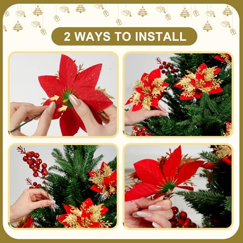 Trytuny 50pcs Glitter Poinsettia Ornaments with Clips Red - DIY Wreath & Christmas Tree Flowers