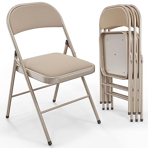 4-Pack Padded Folding Chairs, Heavy Duty Metal Frame, Khaki Fabric Seat