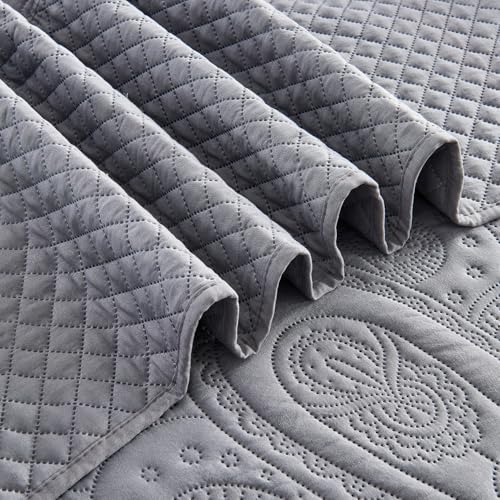 ECHODRM Oversized King Quilt Set 120x118 Dark Grey Floral Microfiber Bedding