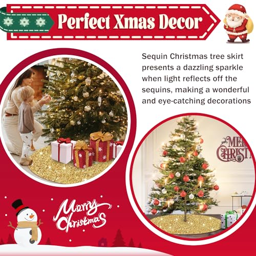 ROMANKAS 46 Inch Gold Sequin Christmas Tree Skirt Velvet Holiday Decor