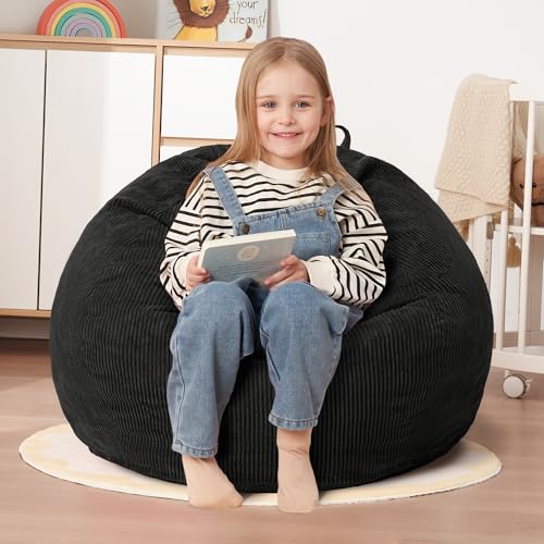 2ft Memory Foam Bean Bag Chair - Comfortable Corduroy Floor Lounger, Black