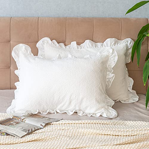 Ruffled Edge Pillow Shams Set of 2, Pure Washed Cotton Standard 20x26 Inches