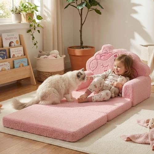 2-in-1 Fold Out Kids Couch, Pink Unicorn Toddler Lounger Chair