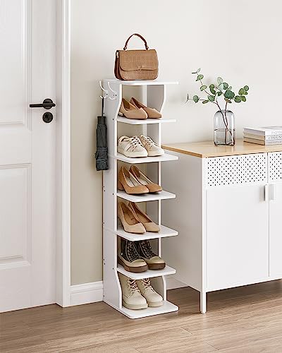 7-Tier Vertical Shoe Rack, Narrow Slim Storage Organizer with Hooks