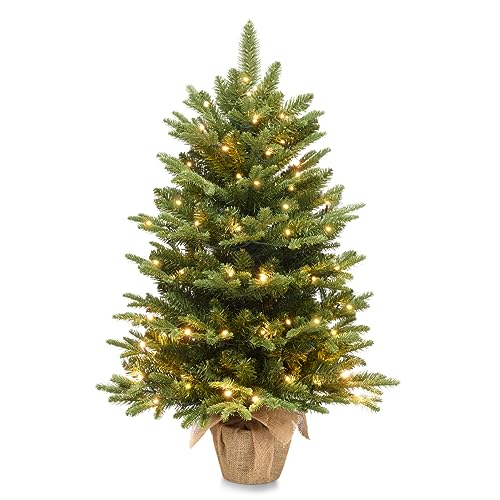 Somikis 3ft Pre-Lit Artificial Christmas Tree with 85 LED Lights, Nordic Spruce, Solid Cement Burlap Base