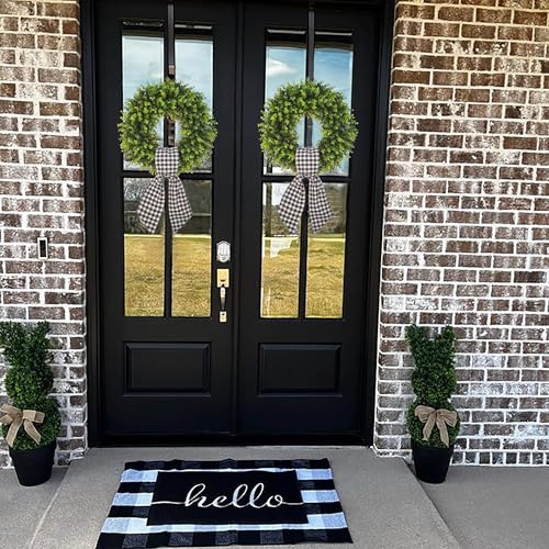 20-Inch Artificial Boxwood Wreath with Buffalo Check Sash for Front Door