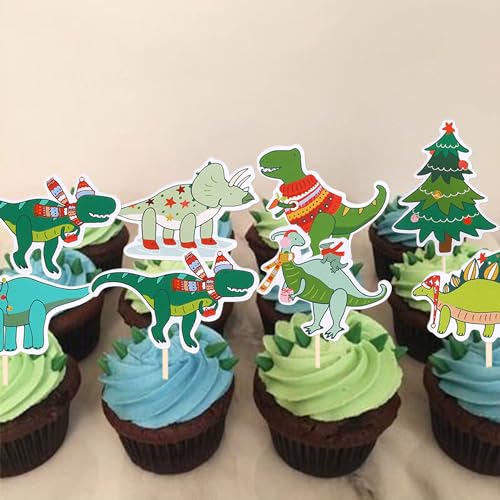 YCTHUNFISH 35 Pack Dinosaur Christmas Cupcake Toppers – 7 Patterns, Pre-assembled Party Picks (Variation 16)