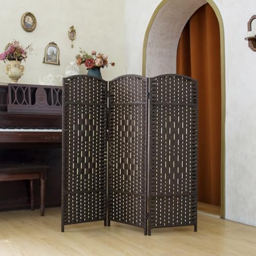 PawlaBay Dark Brown 3-Panel Short Rattan Room Divider, 47.2-Inch Privacy Screen for Home & Office