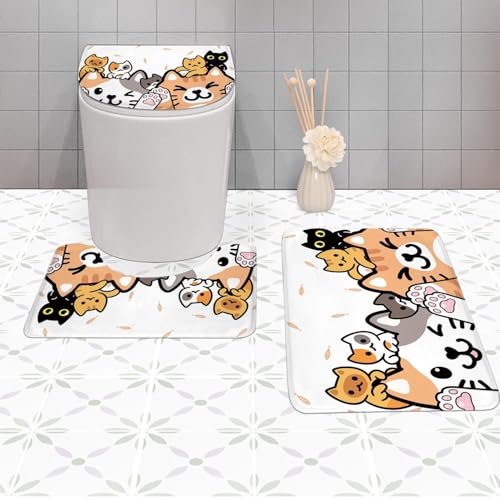 Cute Kids Cartoon Cat Bathroom Shower Curtain Set with Non-Slip Rugs (4-Piece)