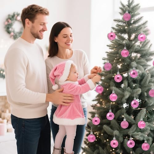 Glavatrix Pink 36-Piece 1.6in Shatterproof Christmas Ball Ornaments - Matte/Gloss/Striped, with Hooks